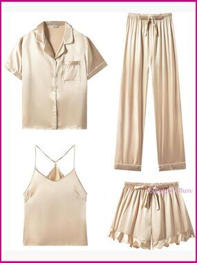 Silk Satin Pajama Set 4Pcs Ruffled Cami Shorts Button Down Short Sleeve